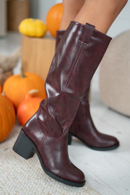 Kozaki damskie na niskim obcasie Bordowy – Loravellea 1