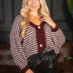Sweter pepitka rozpinany Bordowy – Corivellea 4