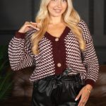 Sweter pepitka rozpinany Bordowy – Corivellea 3