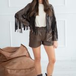 Spodenki damskie skórzane z wysokim stanem Czekoladowy – Fayressa 1