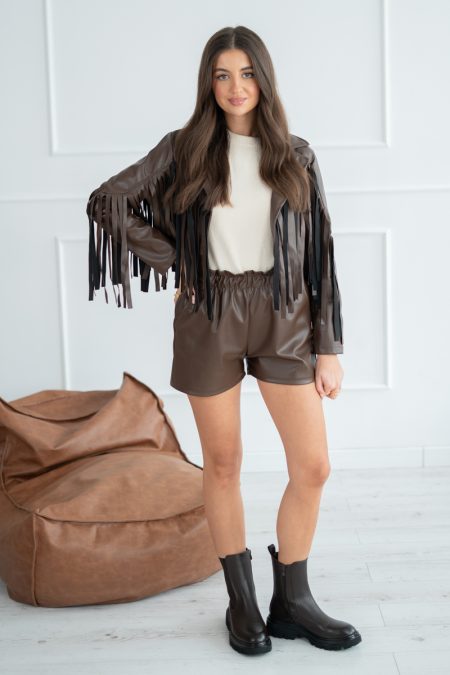 Spodenki damskie skórzane z wysokim stanem Czekoladowy – Fayressa 1