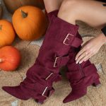 Kozaki damskie zamszowe z klamrami Bordowy – Falirra 3