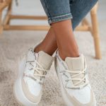 Sneakersy ze sznurówkami w cyrkonie Beżowy – Omivelle 3