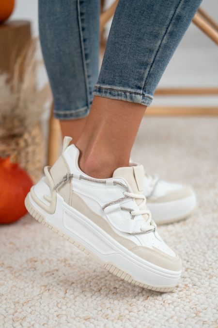 Sneakersy ze sznurówkami w cyrkonie Beżowy – Omivelle 1