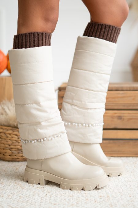 Kozaki damskie z wysoką cholewką i perełkami Beżowy – Peravelle 1