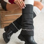 Kozaki damskie z wysoką cholewką i perełkami Czarny – Peravelle 2