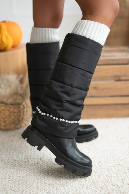 Kozaki damskie z wysoką cholewką i perełkami Czarny – Peravelle 1