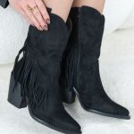 Botki kowbojki z frędzlami na słupku Czarne - Fayenelle 3