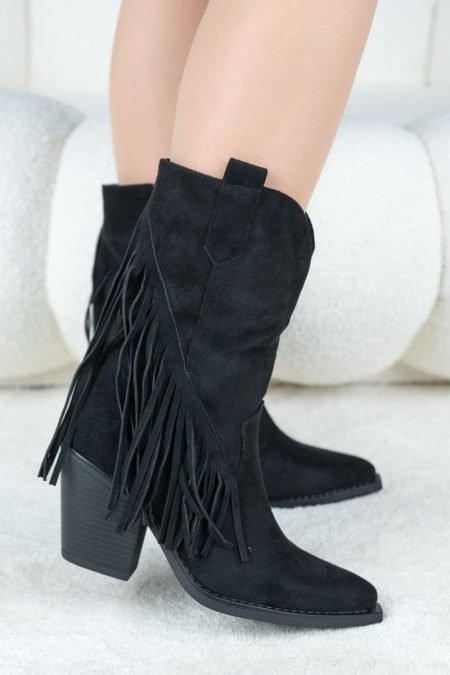 Botki kowbojki z frędzlami na słupku Czarne - Fayenelle