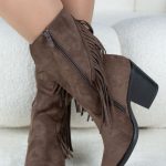 Botki kowbojki z frędzlami na słupku Czekoladowe - Fayenelle 3