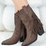 Botki kowbojki z frędzlami na słupku Czekoladowe - Fayenelle 4