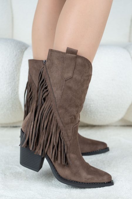 Botki kowbojki z frędzlami na słupku Czekoladowe - Fayenelle