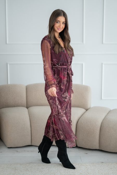 Sukienka tiulowa długa z kopertowym dekoltem Śliwkowy – Isavira 1