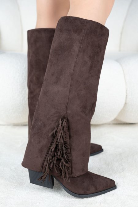 Kozaki zamszowe z frędzlami na słupku Czekoladowe - Florayne 6