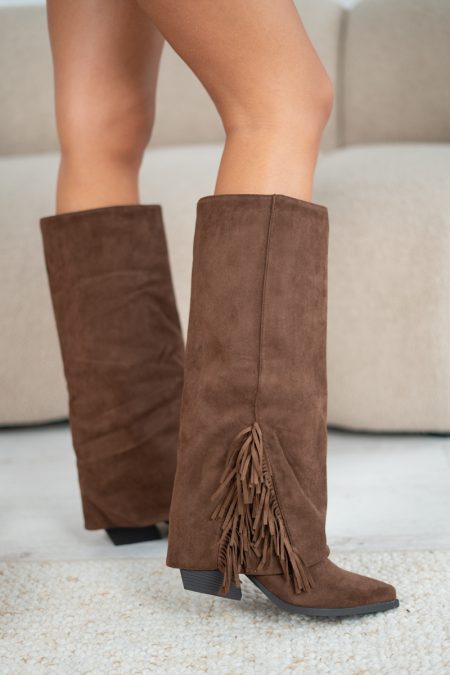 Wysokie kozaki z fredzlami Czekoladowy – Fraylisse 1