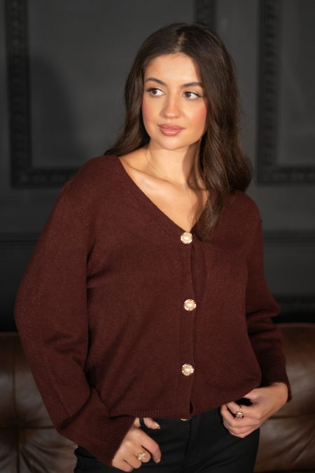 Sweter rozpinany ze złotymi guzikami Czekoladowy – Gildora 3