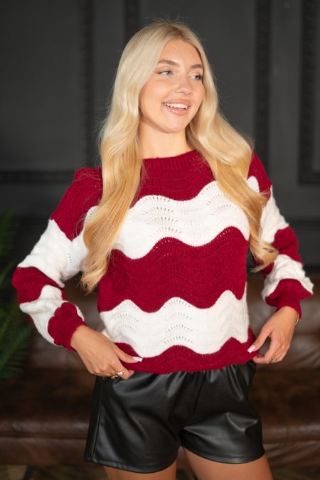 Sweter w paski falowane Bordowy – Lorivra 1