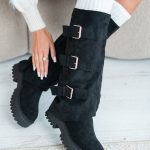 Kozaki damskie na traperze z klamrami Czarny – Travorra 3