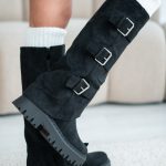 Kozaki damskie na traperze z klamrami Czarny – Travorra 2