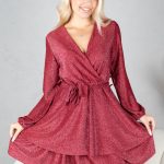 Sukienka brokatowa z falbaną i dekoltem V Bordowy - Jysoria 3