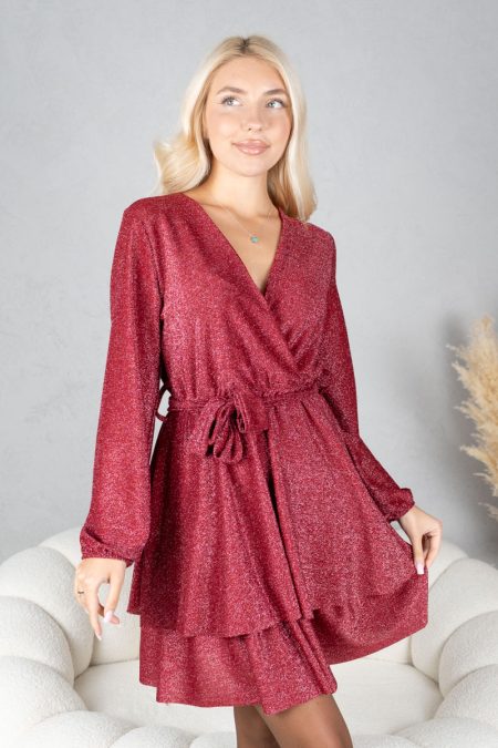 Sukienka brokatowa z falbaną i dekoltem V Bordowy - Jysoria 1