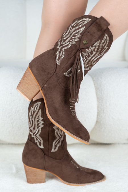Botki kowbojki z haftem Czekoladowe - Avrisse 1