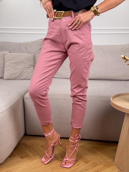 Spodnie jeansowe typu boyfirend paskiem Różowe – Rusty Casual 1