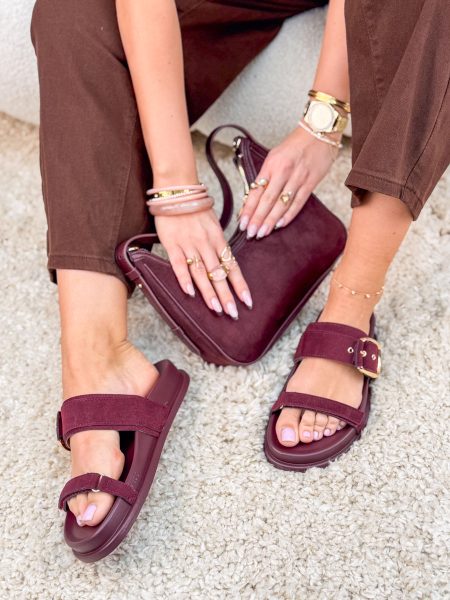 Klapki z dwoma paskami eko zamsz Bordowe – Double Soft 1