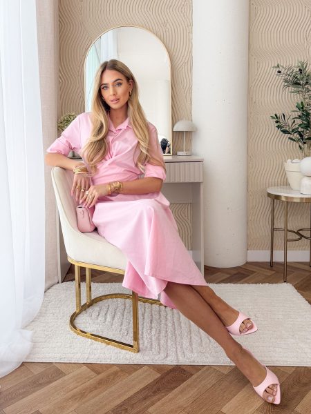 Sukienka koszulowa z kołnierzykiem i paskiem Różowy – Collinea 1