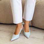 Czółenka na obcasie z odkrytą piętą i kokardą Niebieskie – Slinga Bow 5