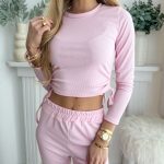 Komplet prążkowany damski bluzka i spodnie dzwony Pudrowy – Ribflare Set 4