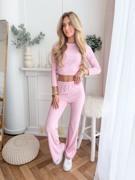 Komplet prążkowany damski bluzka i spodnie dzwony Pudrowy – Ribflare Set 1