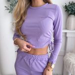 Komplet prążkowany damski bluzka i spodnie dzwony Liliowy – Ribflare Set 4