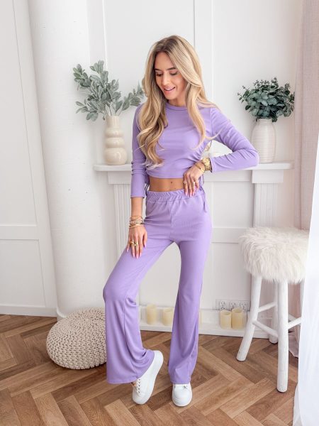 Komplet prążkowany damski bluzka i spodnie dzwony Liliowy – Ribflare Set 1