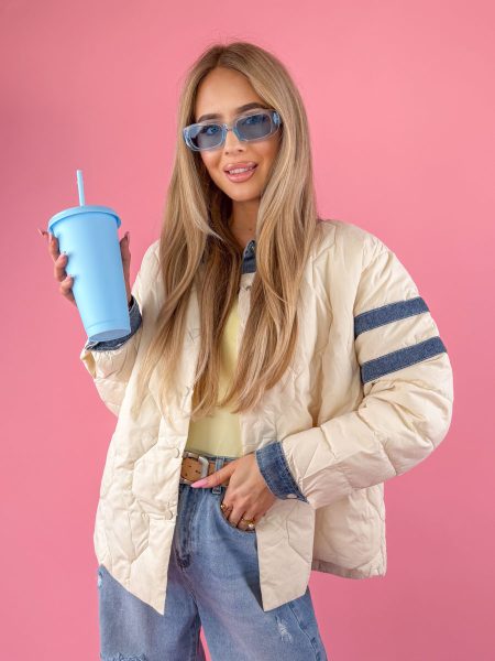 Kurtka wiosenna z jeansowymi wstawkami Beżowy – Denim Breeze 1