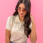 Bluzka dzianinowa z cyrkoniami Beżowy – Rhinella 4