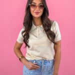 Bluzka dzianinowa z cyrkoniami Beżowy – Rhinella 1