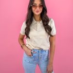 Bluzka dzianinowa z cyrkoniami Beżowy – Rhinella 3