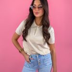 Bluzka dzianinowa z cyrkoniami Beżowy – Rhinella 2