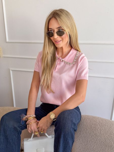 Bluzka dzianinowa z cyrkoniami Różowy – Rhinella 1