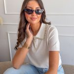 Bluzka dzianinowa z cyrkoniami Biały – Rhinella 5