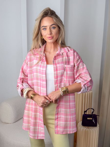 Koszula damska w kratę z kieszonką Różowy – Pocket Check 1