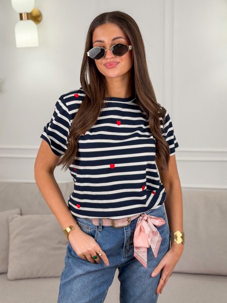 Bluzka w paski z serduszkiem Granatowa – Heartline 1