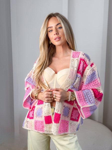 Sweter pleciony rozpinany Różowy – Cardelisse 1