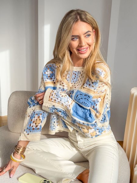 Sweter ozdobnie pleciony ze wzorem Niebieski – Ornella Knit 1