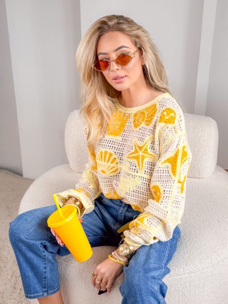 Sweter ozdobnie pleciony Żółty – Ornelia 1