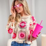 Sweter pleciony w kwiatki Różowy – Petalyn 1