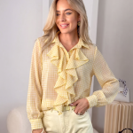 Bluzka koszulowa z żabotem i falbanami Bananowy – Raffiné 2