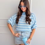 Sweter damski w paski rękaw 3/4 Błękitny – Strielle 3