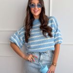Sweter damski w paski rękaw 3/4 Błękitny – Strielle 2